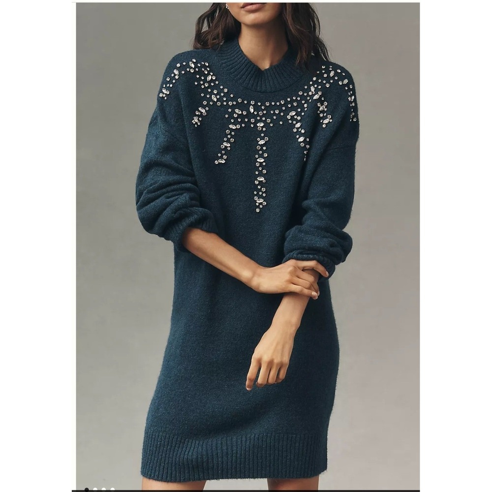 Anthropologie Navy Blue Crystal Embellished Mock Neck Sweater Dress XS NEW